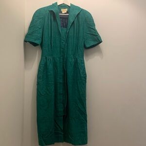 Vintage 80s Emerald Green Raw Silk Midi Dress Structured Look Woven Teal Lined M